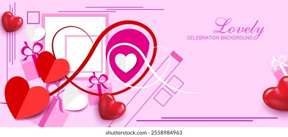 paper cut hearts and red shiny hearts and decorative lovely background.valentine's day, mother's day and women's day concept celebration banner and greeting card vector illustration.