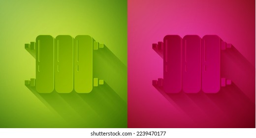 Paper cut Heating radiator icon isolated on green and pink background. Paper art style. Vector Illustration