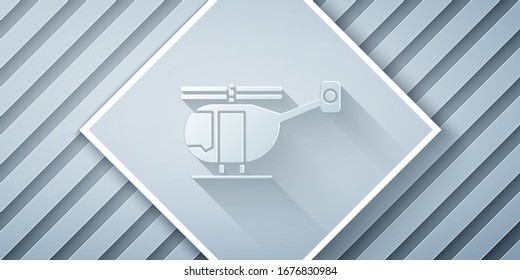 Paper cut Helicopter aircraft vehicle icon isolated on grey background. Paper art style. Vector Illustration