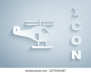 Paper cut Helicopter aircraft vehicle icon isolated on grey background. Paper art style. Vector