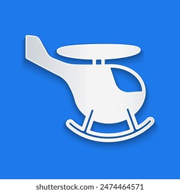 Paper cut Helicopter aircraft vehicle icon isolated on blue background. Paper art style. Vector