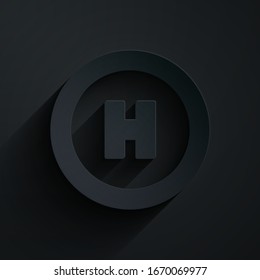 Paper cut Helicopter landing pad icon isolated on black background. Helipad, area, platform, H letter. Paper art style. Vector Illustration