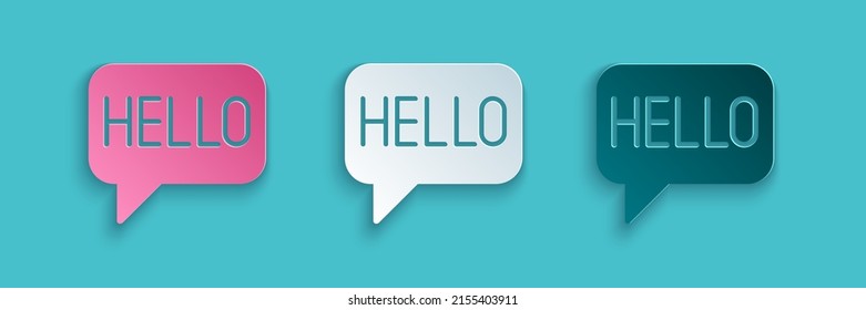 Paper Cut Hello In Different Languages Icon Isolated On Blue Background. Speech Bubbles. Paper Art Style. Vector