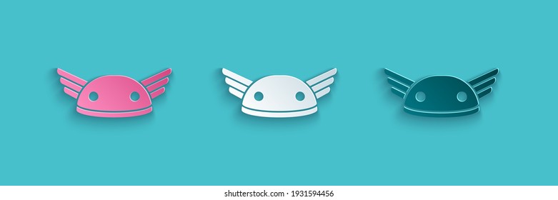 Paper Cut Helmet With Wings Icon Isolated On Blue Background. Greek God Hermes. Paper Art Style. Vector