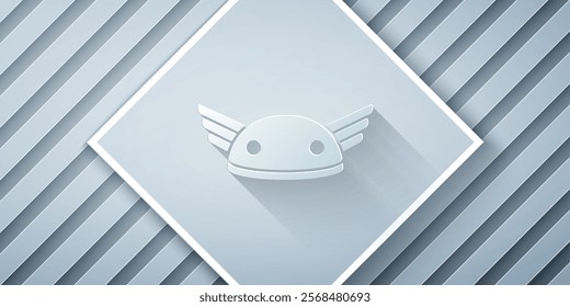 Paper cut Helmet with wings icon isolated on grey background. Greek god Hermes. Paper art style. Vector