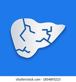 Paper cut Hepatitis virus on the human liver icon isolated on blue background. World Hepatitis Day. Paper art style. Vector