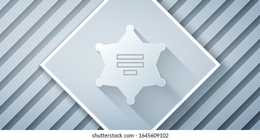 Paper cut Hexagram sheriff icon isolated on grey background. Police badge icon. Paper art style. Vector Illustration