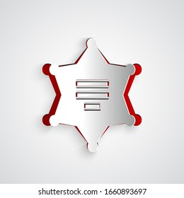 Paper cut Hexagram sheriff icon isolated on grey background. Police badge icon. Paper art style. Vector Illustration