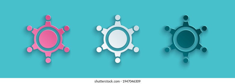 Paper cut Hexagram sheriff icon isolated on blue background. Police badge icon. Paper art style. Vector