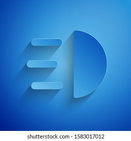 Paper cut High beam icon isolated on blue background. Car headlight. Paper art style. Vector Illustration