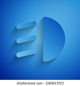 Paper cut High beam icon isolated on blue background. Car headlight. Paper art style. Vector Illustration