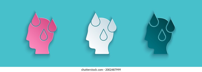 Paper cut High human body temperature or get fever icon isolated on blue background. Disease, cold, flu symptom. Paper art style. Vector