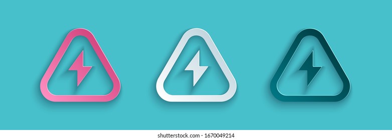 Paper cut High voltage icon isolated on blue background. Danger symbol. Arrow in triangle. Warning icon. Paper art style. Vector Illustration