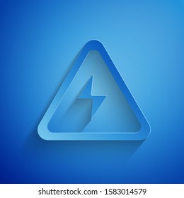 Paper cut High voltage sign icon isolated on blue background. Danger symbol. Arrow in triangle. Warning icon. Paper art style. Vector Illustration