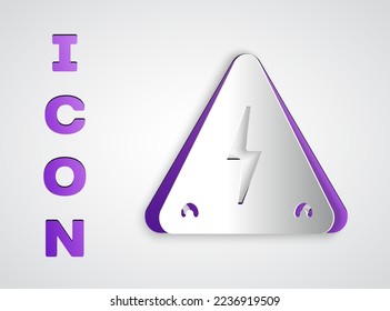 Paper cut High voltage sign icon isolated on grey background. Danger symbol. Arrow in triangle. Warning icon. Paper art style. Vector