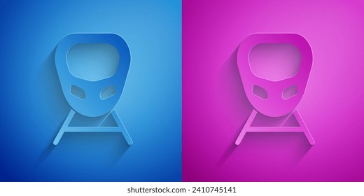 Paper cut High-speed train icon isolated on blue and purple background. Railroad travel and railway tourism. Subway or metro streamlined fast train transport. Paper art style. Vector