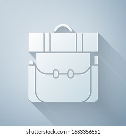 Paper cut Hiking backpack icon isolated on grey background. Camping and mountain exploring backpack. Paper art style. Vector Illustration