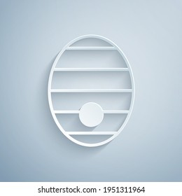 Paper cut Hive for bees icon isolated on grey background. Beehive symbol. Apiary and beekeeping. Sweet natural food. Paper art style. Vector
