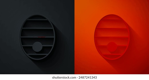 Paper cut Hive for bees icon isolated on black and red background. Beehive symbol. Apiary and beekeeping. Sweet natural food. Paper art style. Vector