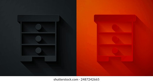 Paper cut Hive for bees icon isolated on black and red background. Beehive symbol. Apiary and beekeeping. Sweet natural food. Paper art style. Vector