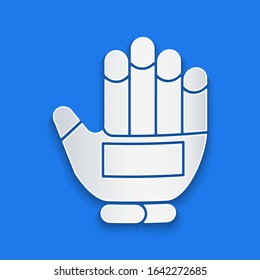 Paper cut Hockey glove icon isolated on blue background. Sports playing and training protective gloves on hands. Paper art style. Vector Illustration