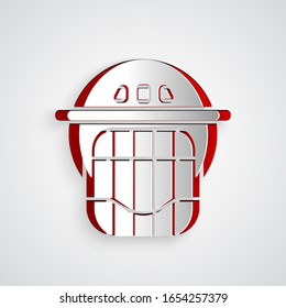 Paper cut Hockey helmet icon isolated on grey background. Paper art style. Vector Illustration