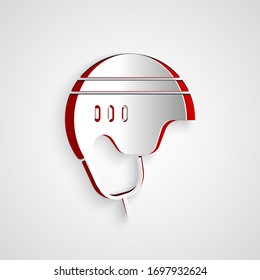 Paper cut Hockey helmet icon isolated on grey background. Paper art style. Vector Illustration