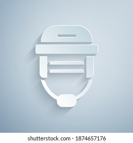 Paper cut Hockey helmet icon isolated on grey background. Paper art style. Vector.