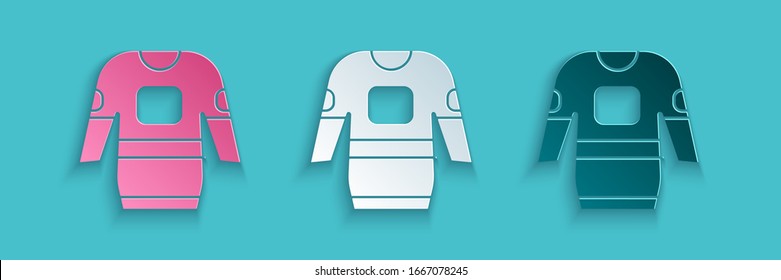 Paper cut Hockey jersey icon isolated on blue background. Paper art style. Vector Illustration