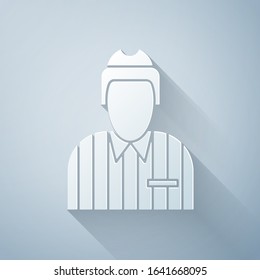 Paper cut Hockey judge, referee, arbiter icon isolated on grey background. Paper art style. Vector Illustration