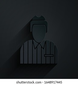 Paper cut Hockey judge, referee, arbiter icon isolated on black background. Paper art style. Vector Illustration