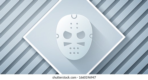 Paper cut Hockey mask icon isolated on grey background. Paper art style. Vector Illustration
