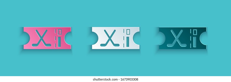 Paper cut Hockey sports ticket icon isolated on blue background. Paper art style. Vector Illustration
