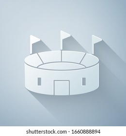 Paper cut Hockey stadium icon isolated on grey background. Hockey arena. Paper art style. Vector Illustration