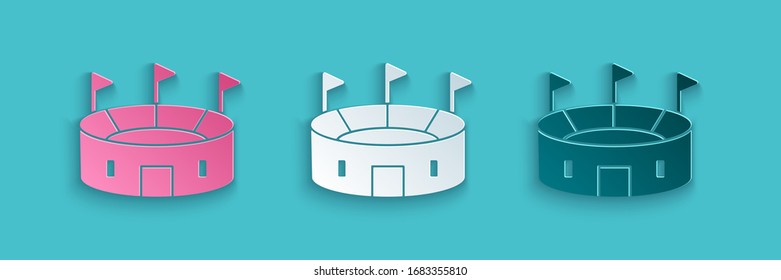 Paper cut Hockey stadium icon isolated on blue background. Hockey arena. Paper art style. Vector Illustration