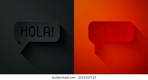 Paper cut Hola in different languages icon isolated on black and red background. Speech bubbles. Paper art style. Vector