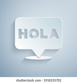 Paper cut Hola icon isolated on grey background. Paper art style. Vector.