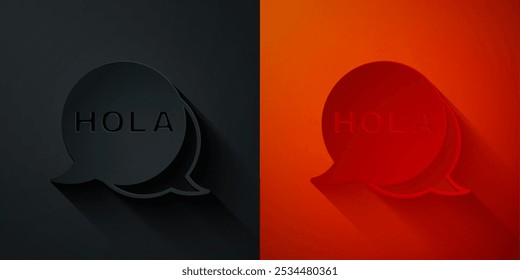 Paper cut Hola icon isolated on black and red background. Paper art style. Vector