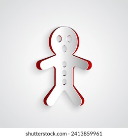 Paper cut Holiday gingerbread man cookie icon isolated on grey background. Cookie in shape of man with icing. Paper art style. Vector