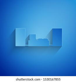Paper cut Home stereo with two speaker s icon isolated on blue background. Music system. Paper art style. Vector Illustration