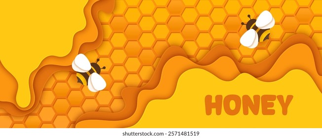 Paper cut honey bee banner with hexagonal honeycomb pattern, flowing golden layers and buzzing bee insects. 3d vector background emphasizes natural sweetness, beekeeping and apiary ecological products