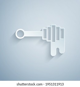 Paper cut Honey dipper stick with dripping honey icon isolated on grey background. Honey ladle. Paper art style. Vector