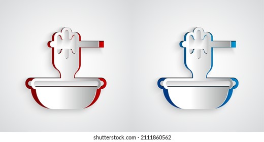 Paper cut Honey dipper stick with bowl icon isolated on grey background. Honey ladle. Paper art style. Vector