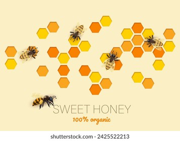 Paper cut honeycomb, honey and bee 3d vector banner with hexagonal combs holds golden sweet nectar crafted by diligent bees. Vibrant papercut promo for beekeeping and apiary organic production