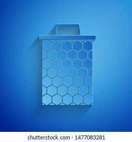 Paper cut Honeycomb icon isolated on blue background. Honey cells symbol. Sweet natural food. Paper art style. Vector Illustration