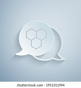 Paper cut Honeycomb icon isolated on grey background. Honey cells symbol. Sweet natural food. Paper art style. Vector