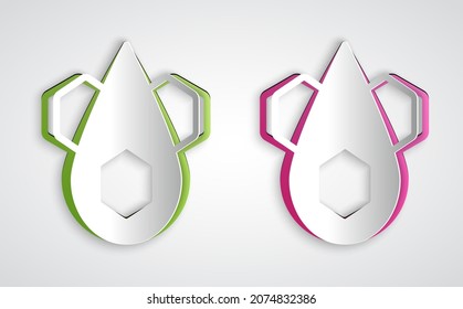 Paper cut Honeycomb icon isolated on grey background. Honey cells symbol. Sweet natural food. Paper art style. Vector