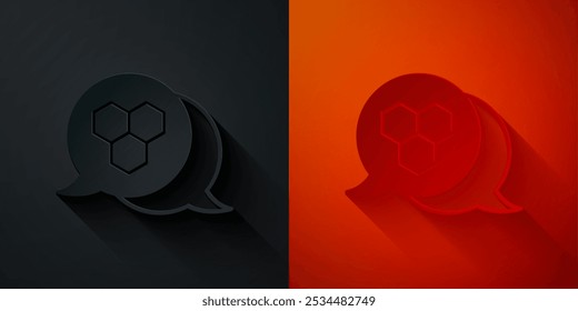 Paper cut Honeycomb icon isolated on black and red background. Honey cells symbol. Sweet natural food. Paper art style. Vector