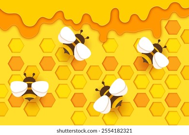 Paper cut honeycombs and honey bee vector background. Hive combs and beehive hexagon cells 3d paper cut layered banner with border of yellow honey dripping flow and origami bees, beekeeping farm food