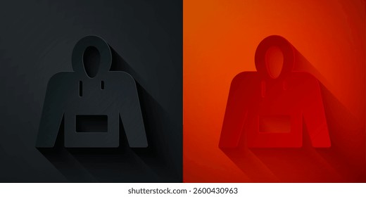 Paper cut Hoodie icon isolated on black and red background. Hooded sweatshirt. Paper art style. Vector
